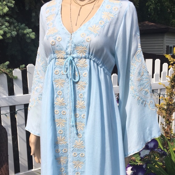 BOHO LIGHT BLUE PALE YELLOW FLOWERS HI-LO MIDI DRESS - Picture 2 of 10